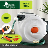 Green Fingers Water Hose Reel 30M Retractable Garden Brass Spray Gun Auto Rewind